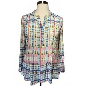 Zac & Rachel Tunic Women’s Size 2X Multicolor Plaid Blouse Roll Tab Sleeves